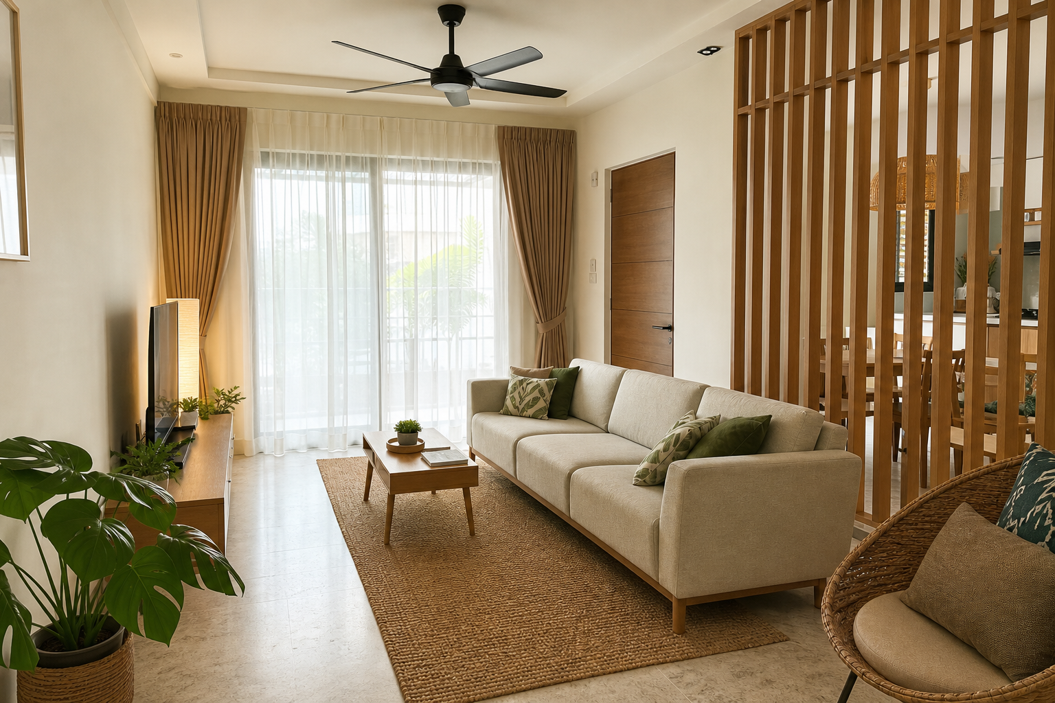 Hasil akhir ruang tamu apartmen Malaysia selepas cat rumah sendiri dengan tona neutral hangat