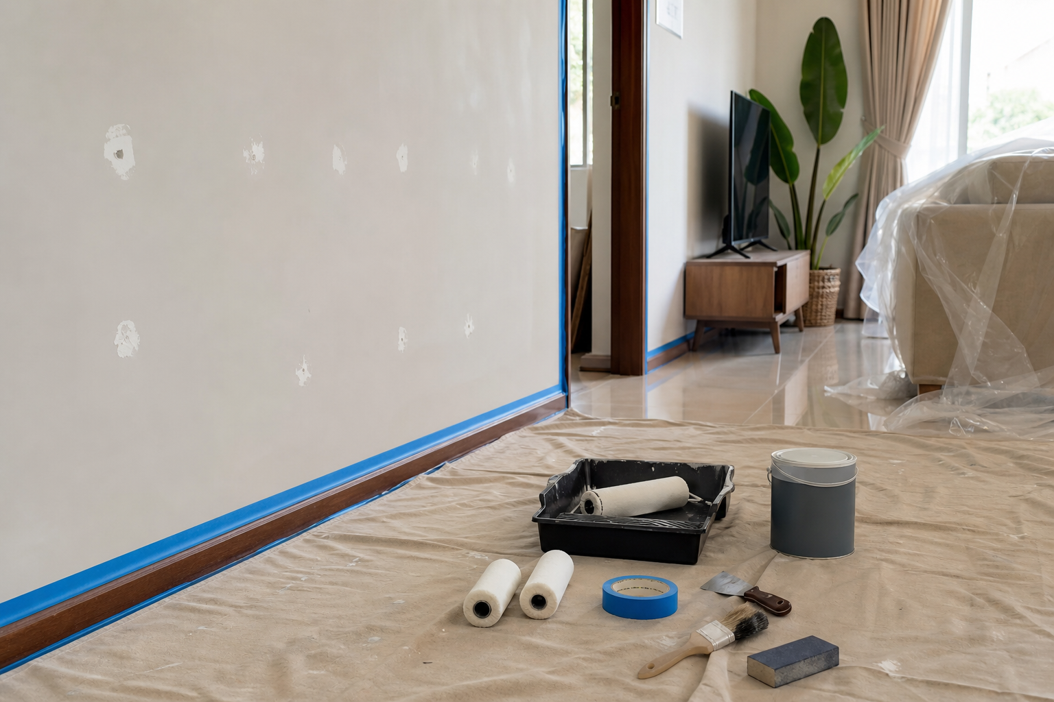 Persiapan sebelum cat rumah sendiri dengan painter tape, roller dan lantai ditutup kemas