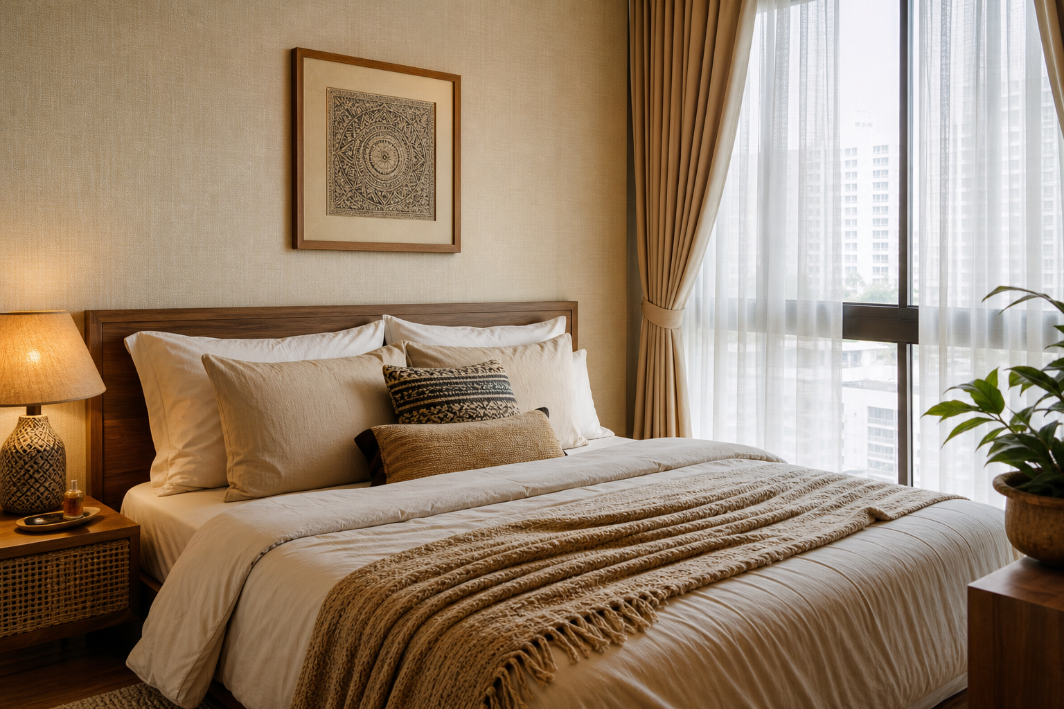 Bilik tidur dengan wallpaper beige lembut untuk rumah pertama Malaysia