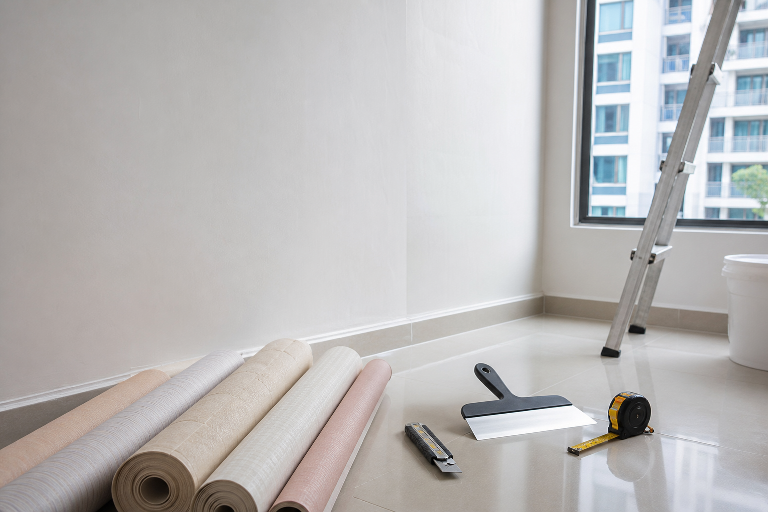 Alat dan roll wallpaper untuk projek DIY di apartmen Malaysia
