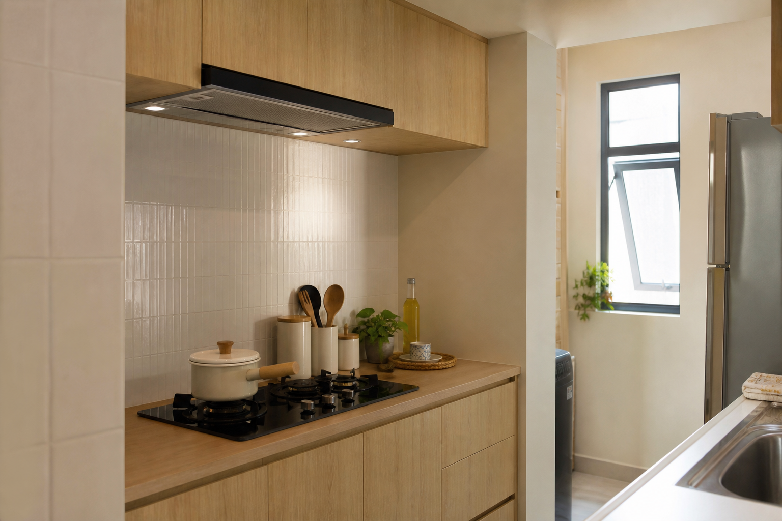Dapur apartment kecil dengan cat kalis air warna krim dan pengudaraan baik