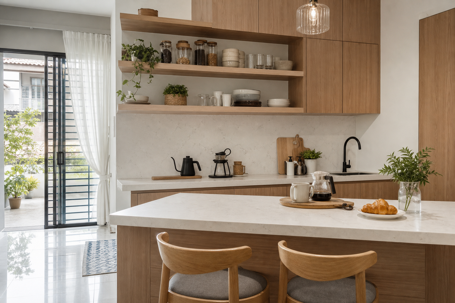 Dapur kering rumah teres Malaysia dengan kabinet kayu cerah dan permukaan kerja yang bersih untuk sarapan dan hosting ringan.