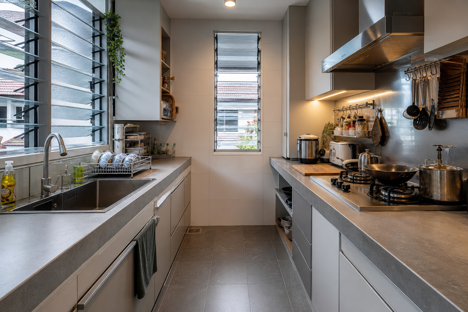 Dapur basah rumah teres Malaysia dengan zon sinki dan hob yang jelas, permukaan tahan lasak dan pengudaraan baik.