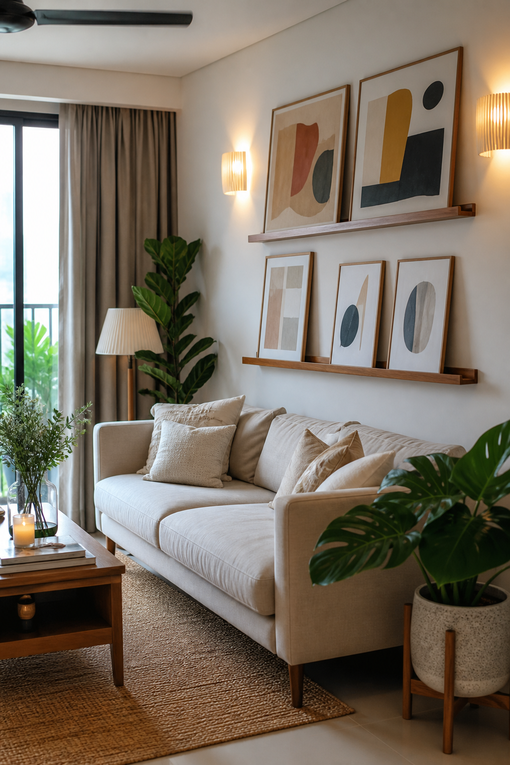Feature wall ruang tamu dengan bingkai seni dan rak nipis