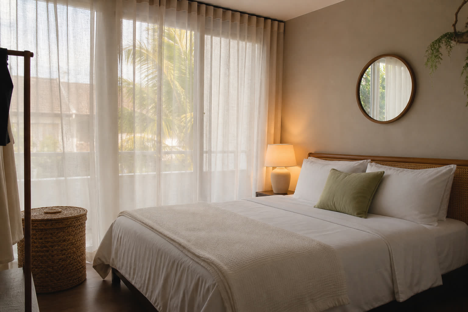 Idea bilik tidur kecil dengan langsir sheer dan pencahayaan hangat ala hotel