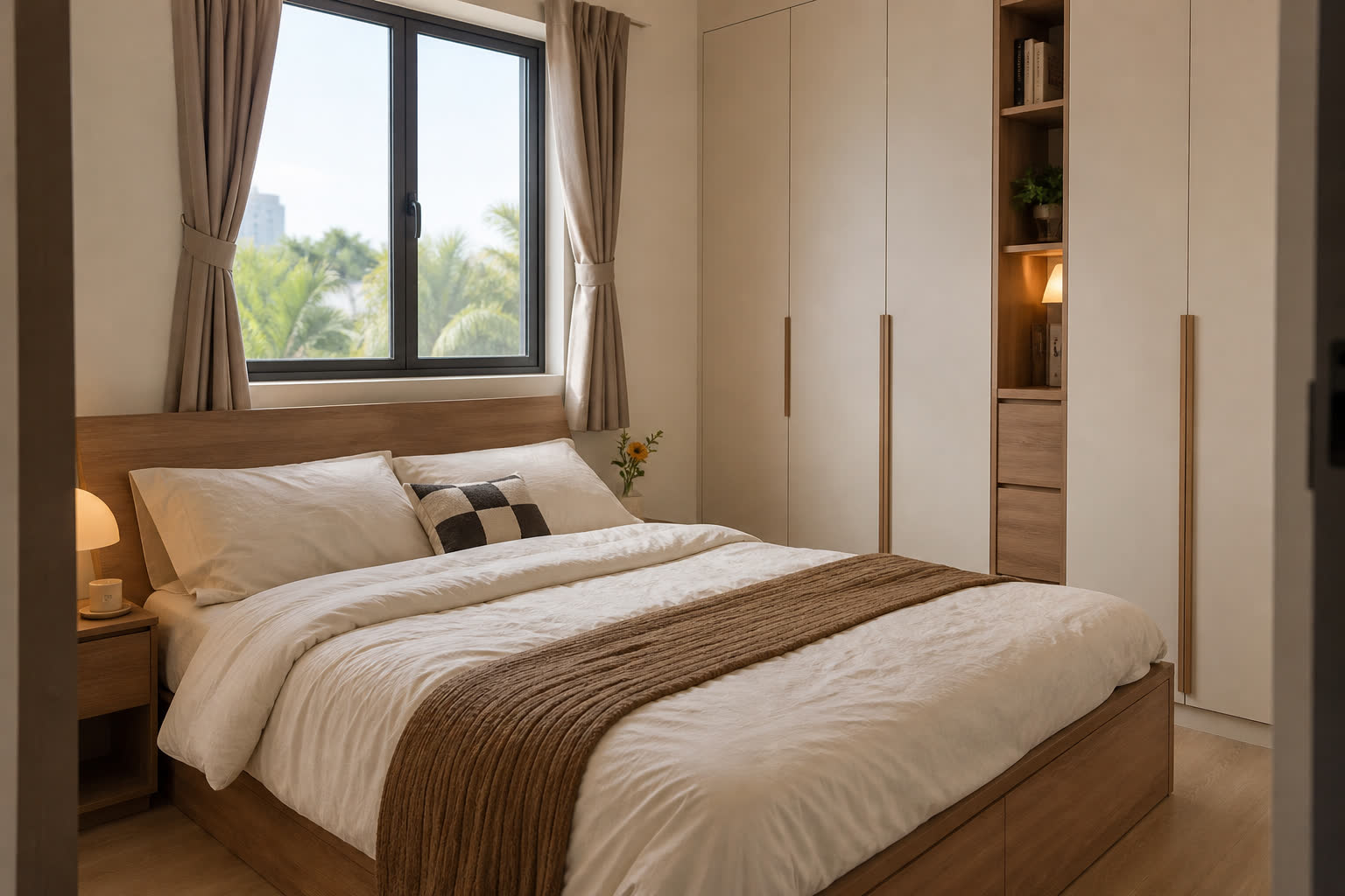 Idea storage bilik tidur kecil dengan almari tinggi dan katil simpanan tersembunyi