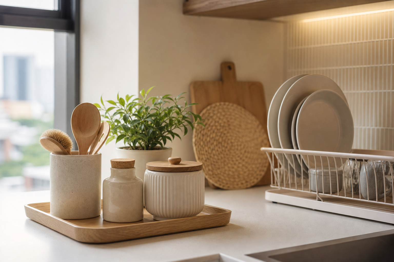 Idea dapur kecil untuk rumah pertama Malaysia - Detail kecil seperti tray, balang dan tanaman mini boleh naikkan vibe dapur tanpa ubah struktur.