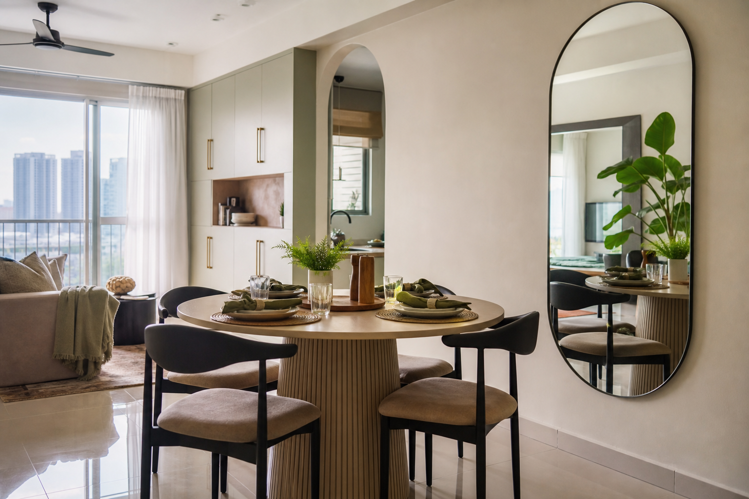 Idea ruang makan kecil dengan cermin besar dan palet beige lembut.