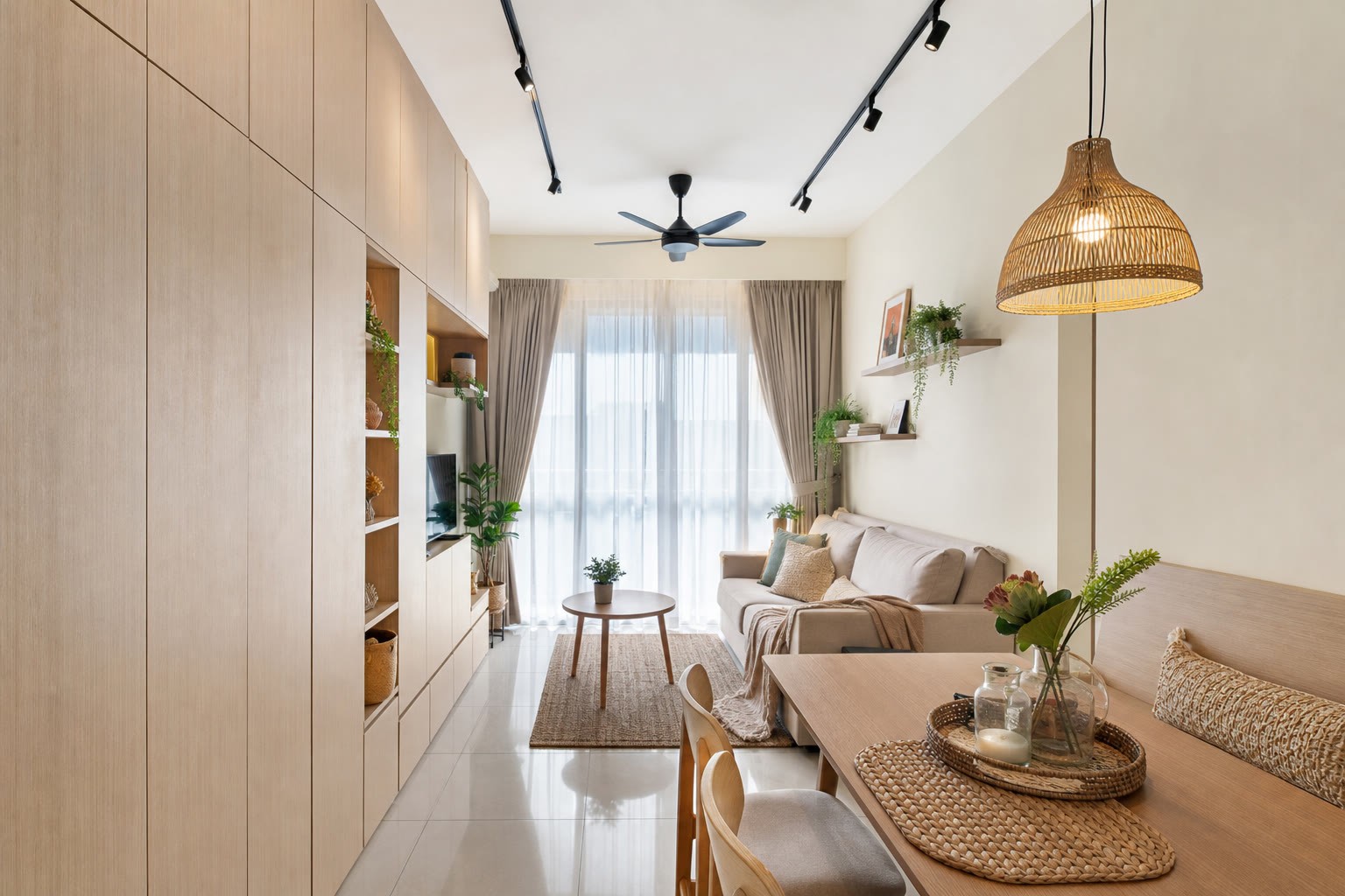 Idea storage rumah kecil dengan kabinet penuh dinding di ruang tamu