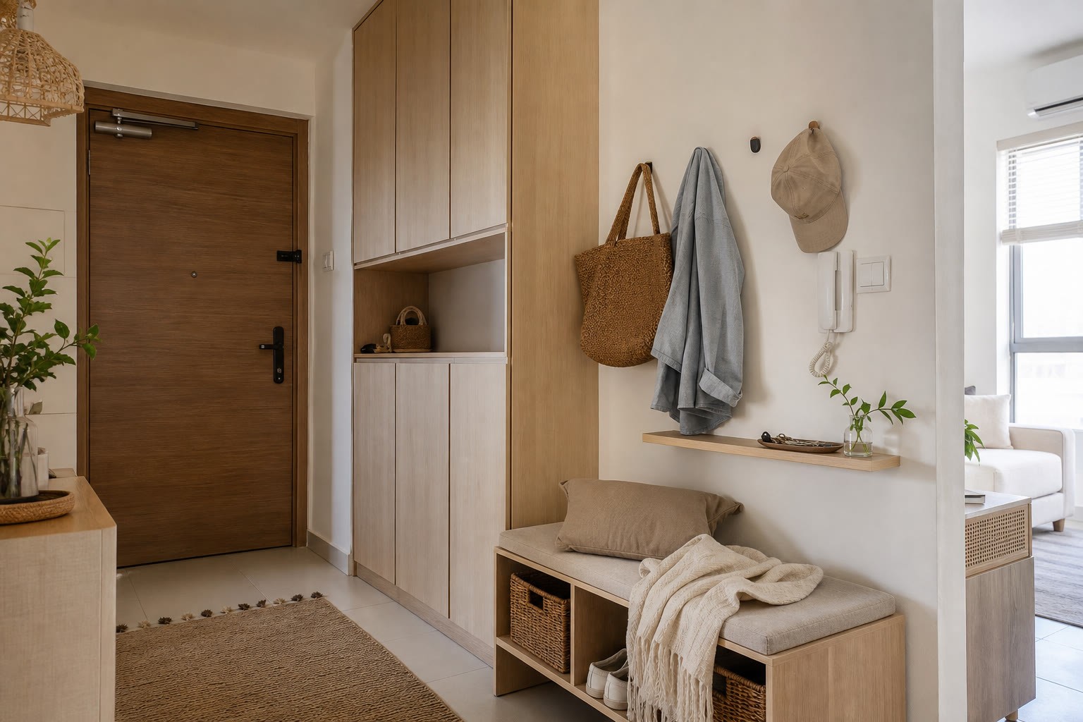Idea storage rumah kecil di pintu masuk dengan bangku dan kabinet kasut