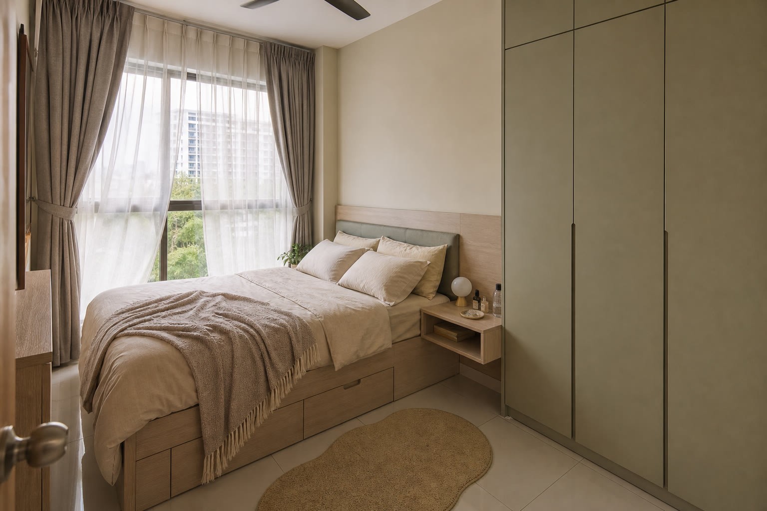 Idea storage bilik tidur kecil dengan katil berlaci dan almari tinggi