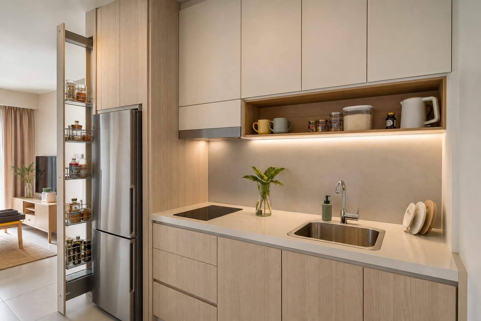 Idea storage dapur kecil dengan kabinet tinggi dan pull-out pantry