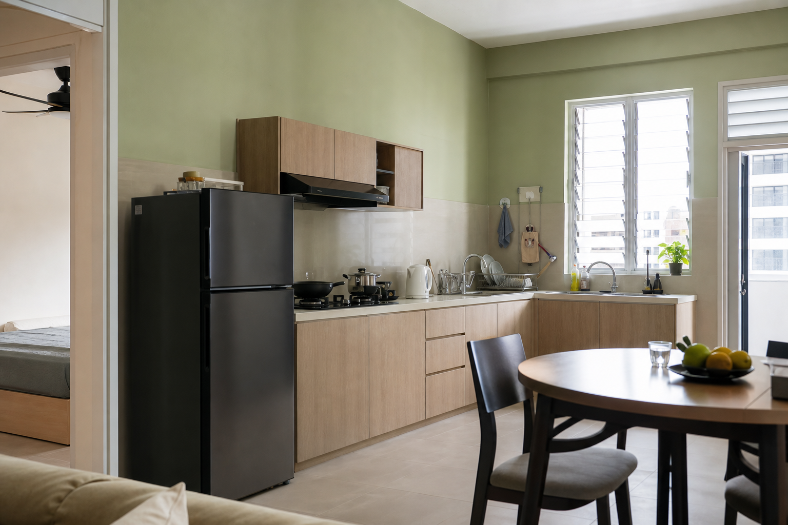 Jenis cat rumah soft-sheen warna sage untuk dinding dapur