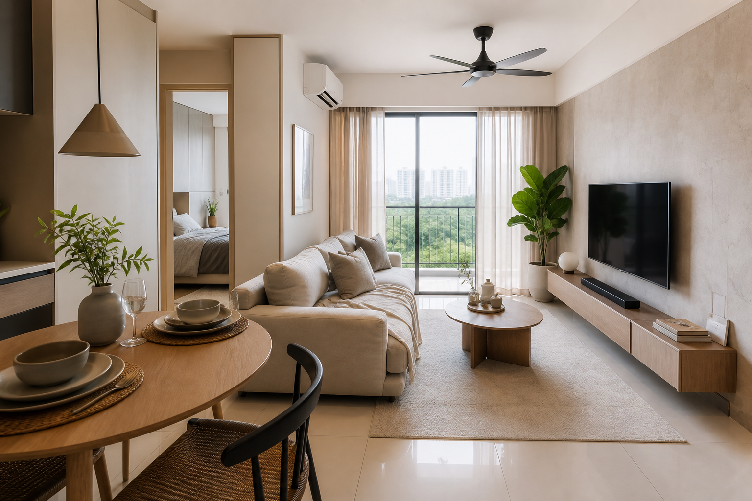 Susun atur ruang tamu apartment kecil dengan zon makan