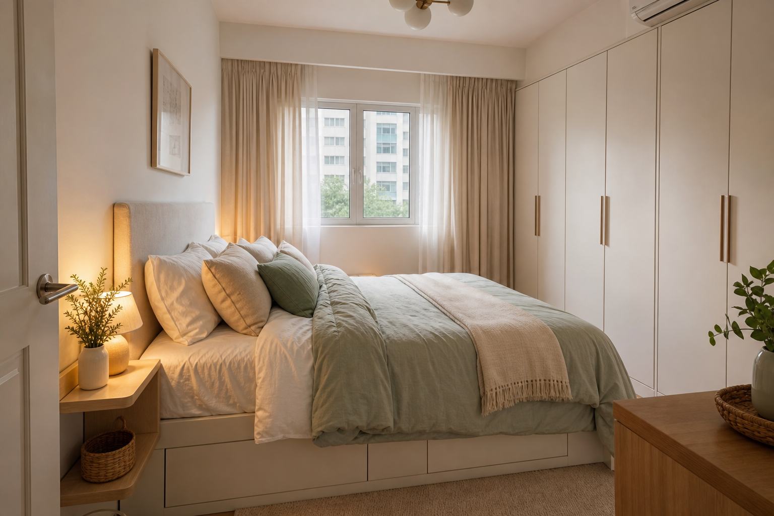 Bilik tidur apartment kecil dengan almari penuh dan storage bawah katil