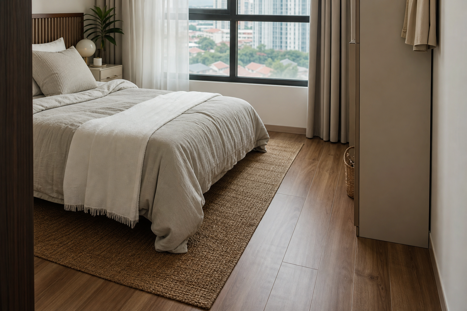 Hasil lantai vinyl tona kayu dalam bilik tidur kecil