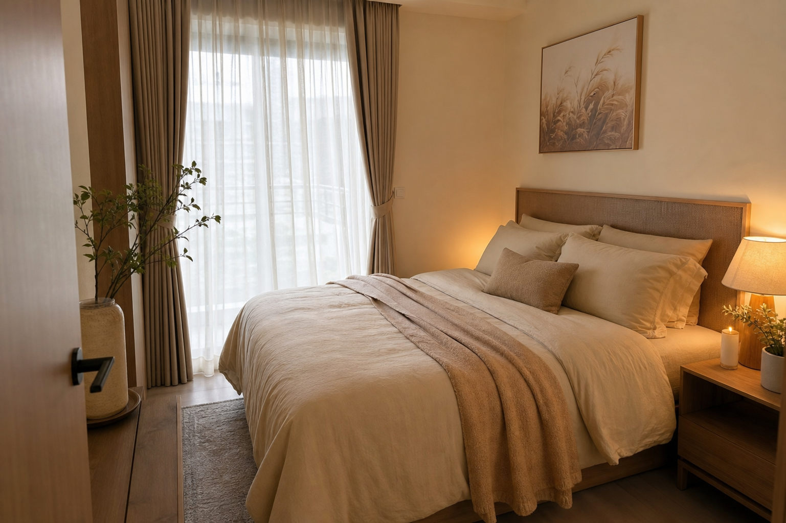 Rumah pertama renovate dengan bilik tidur kecil tona oat dan beige yang nampak tenang