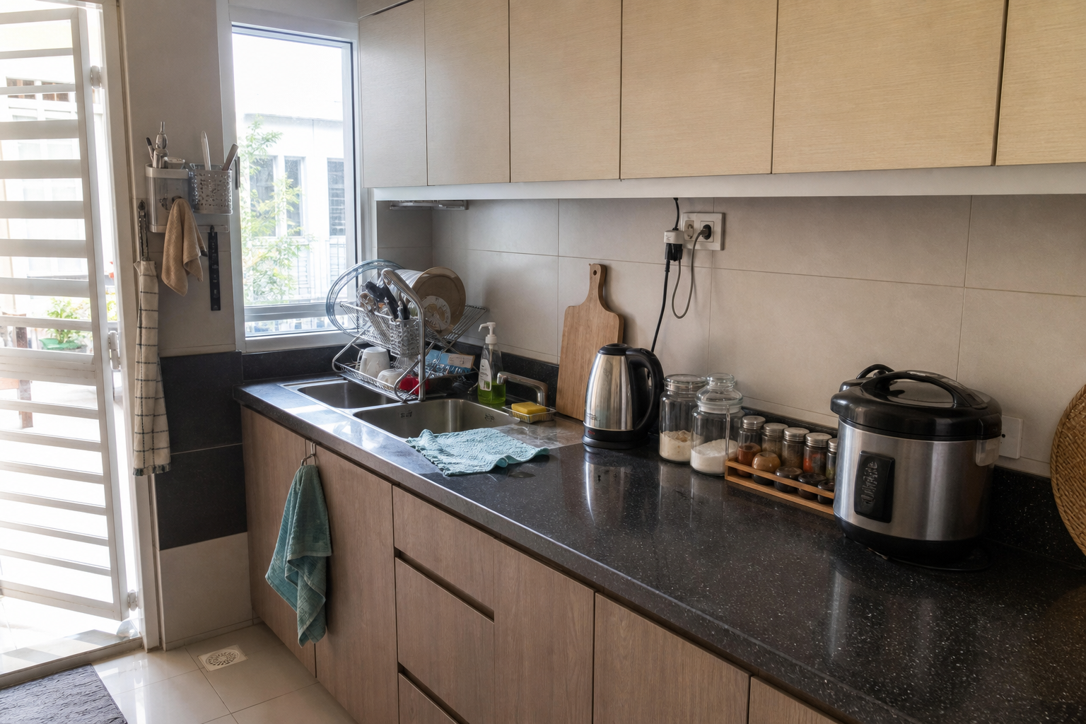 Top table dapur granit hitam dalam dapur rumah Malaysia untuk rutin memasak harian yang aktif.