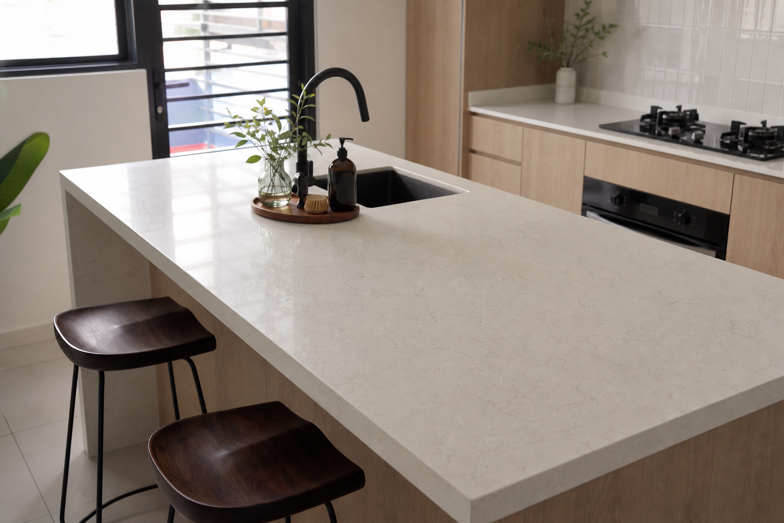 Top table dapur kuarza dalam dapur rumah Malaysia dengan tona cerah dan gaya moden yang kemas.