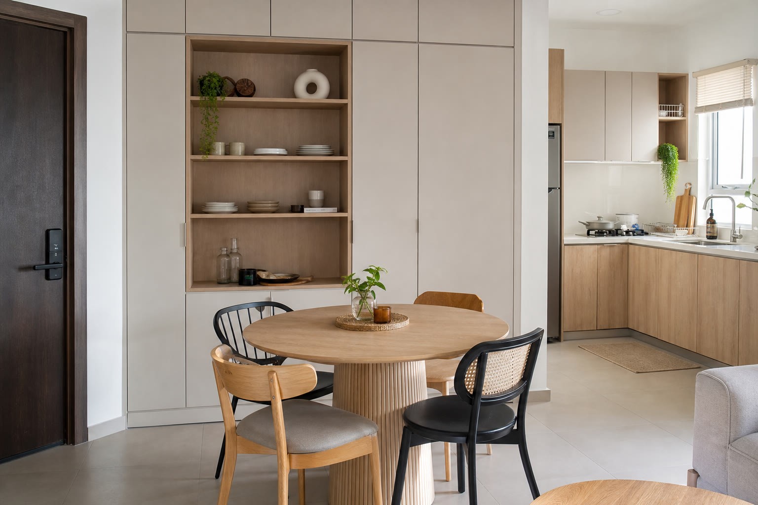 Ruang makan bulat dengan storan penuh untuk apartment kecil