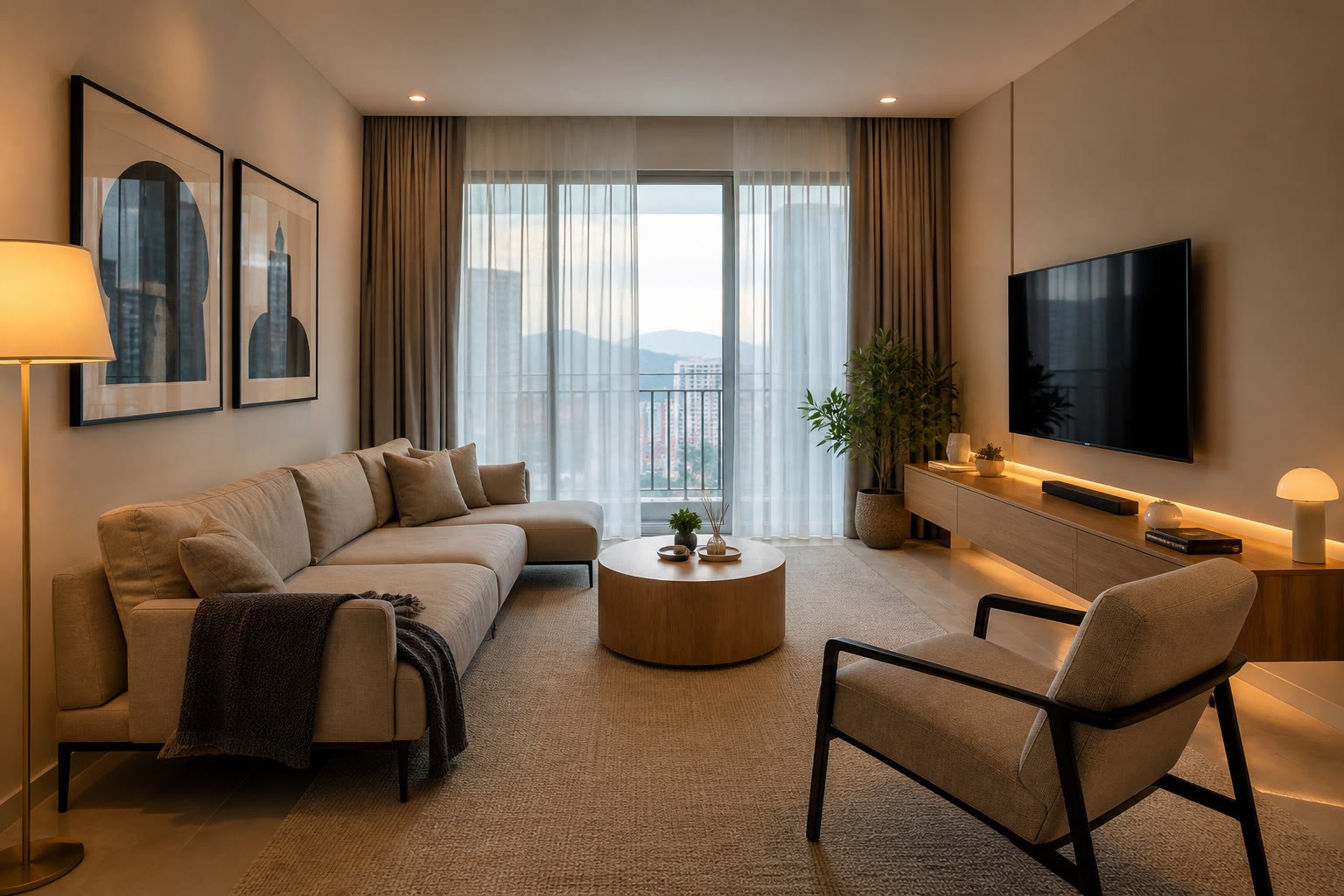 Idea ruang tamu apartment kecil dengan sofa rendah dan kabinet TV terapung