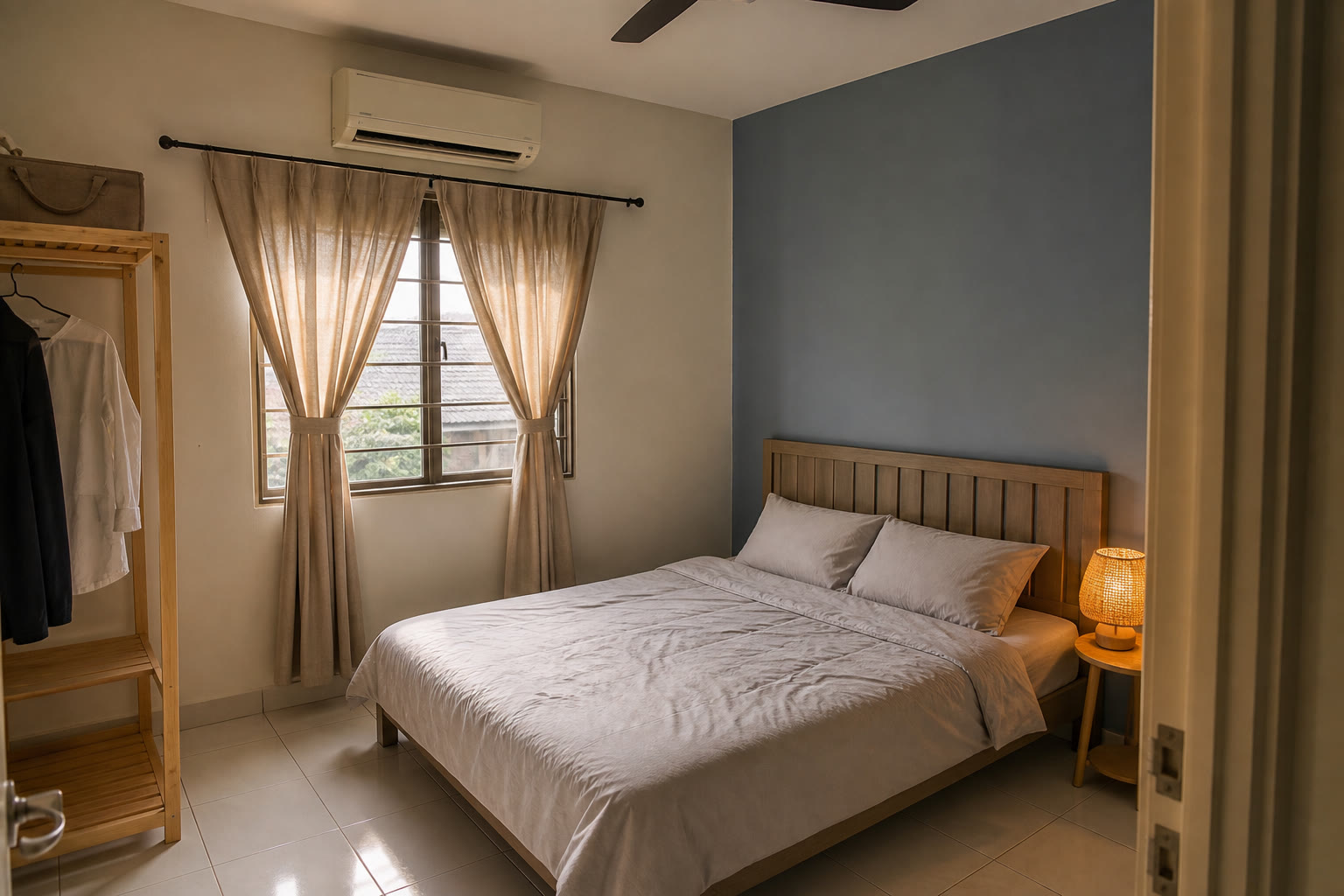 Bilik tidur dengan dinding biru berdebu dan warna cat bilik tidur putih hangat