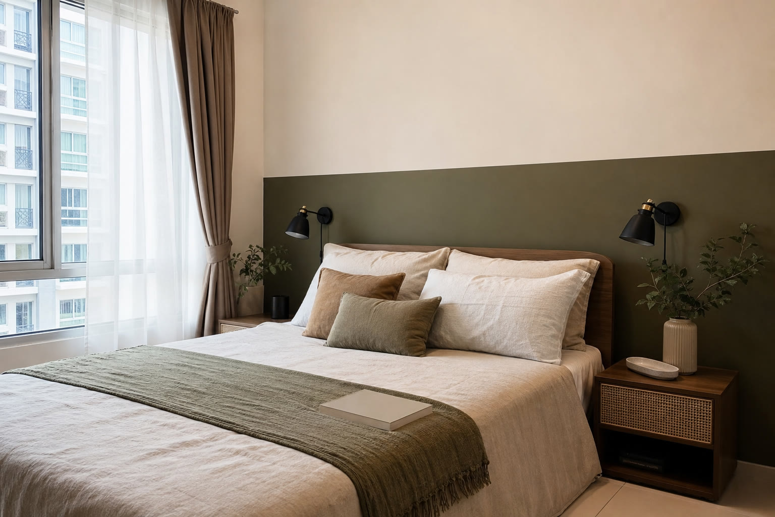 Bilik dengan warna cat bilik tidur olive dan ivory pada separuh dinding