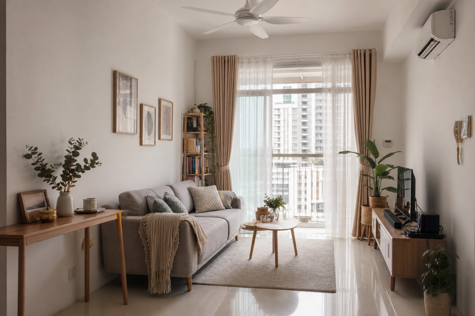 Warna cat ruang tamu off-white cerah untuk ruang tamu kecil rumah Malaysia