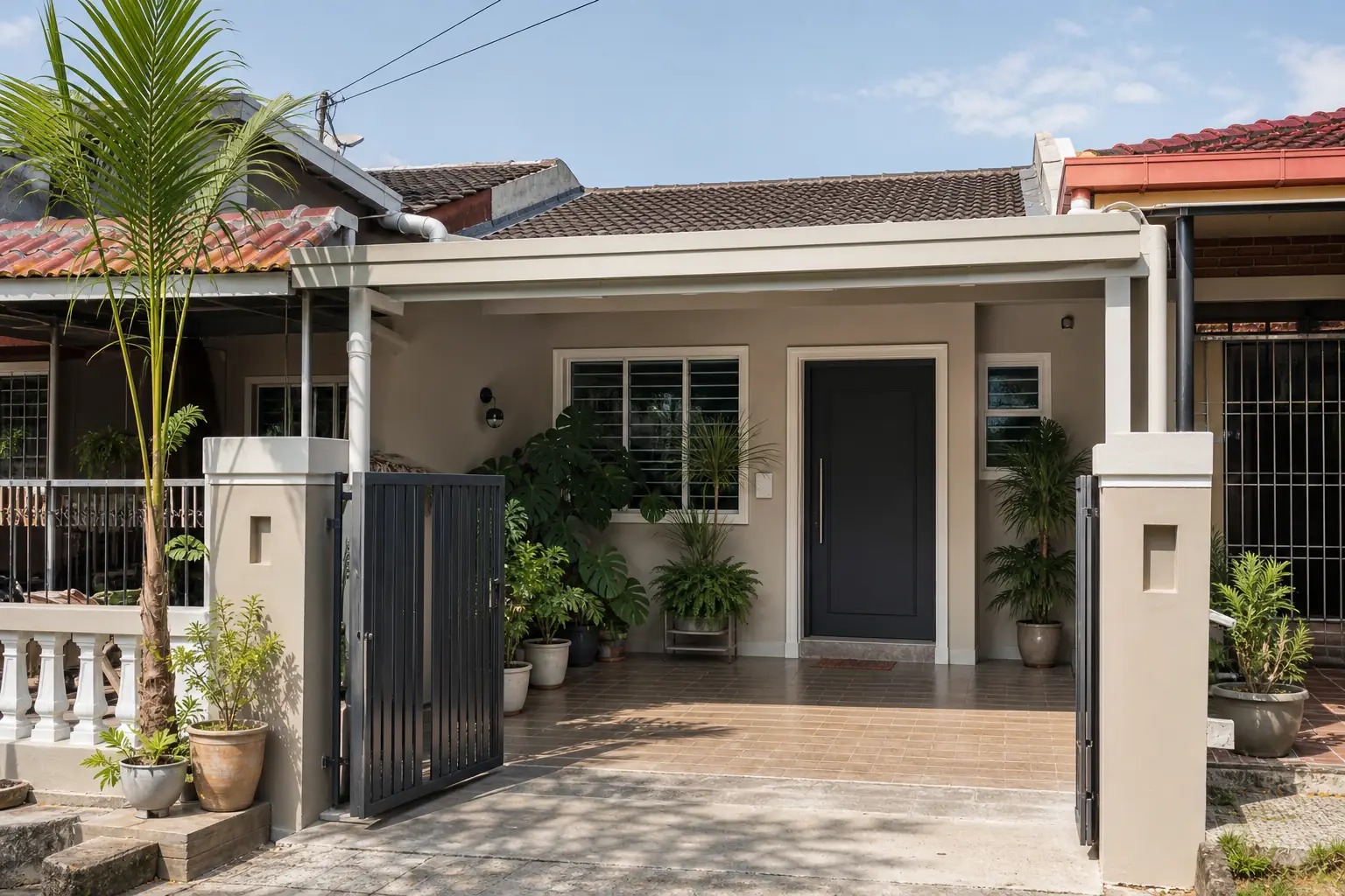 Warna cat rumah luar greige cerah dengan pintu arang