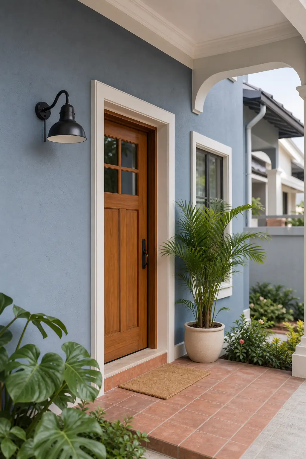 Warna cat rumah luar dusty blue pada pintu masuk rumah