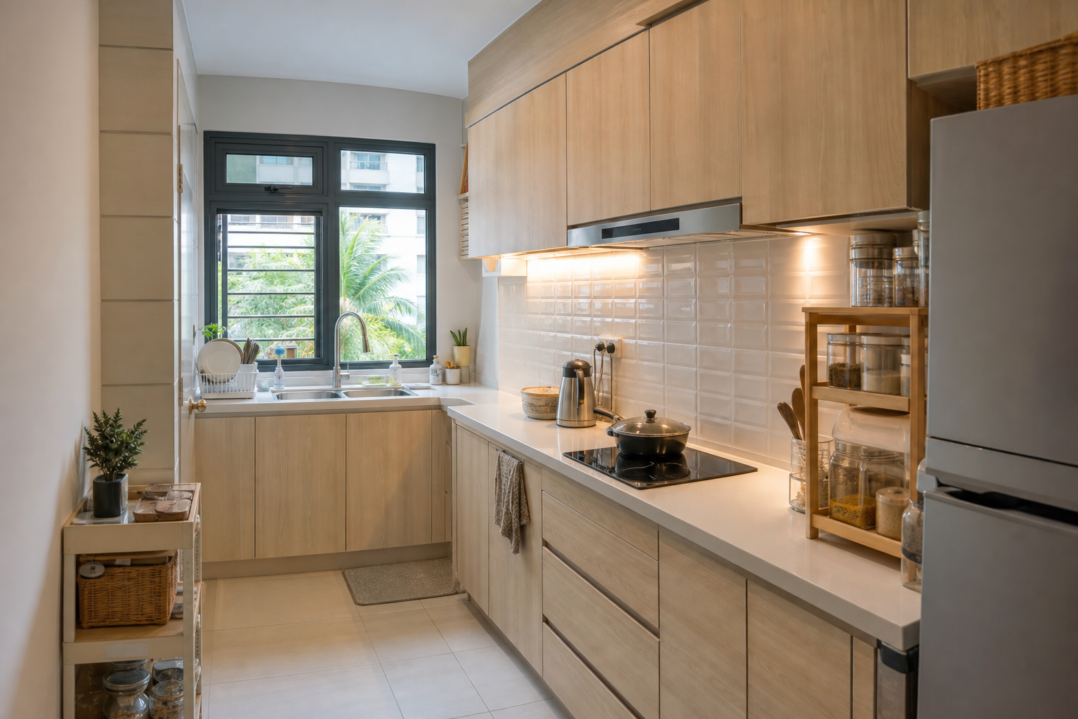 Warna cat rumah nampak luas dengan off-white cerah di dapur kecil Malaysia