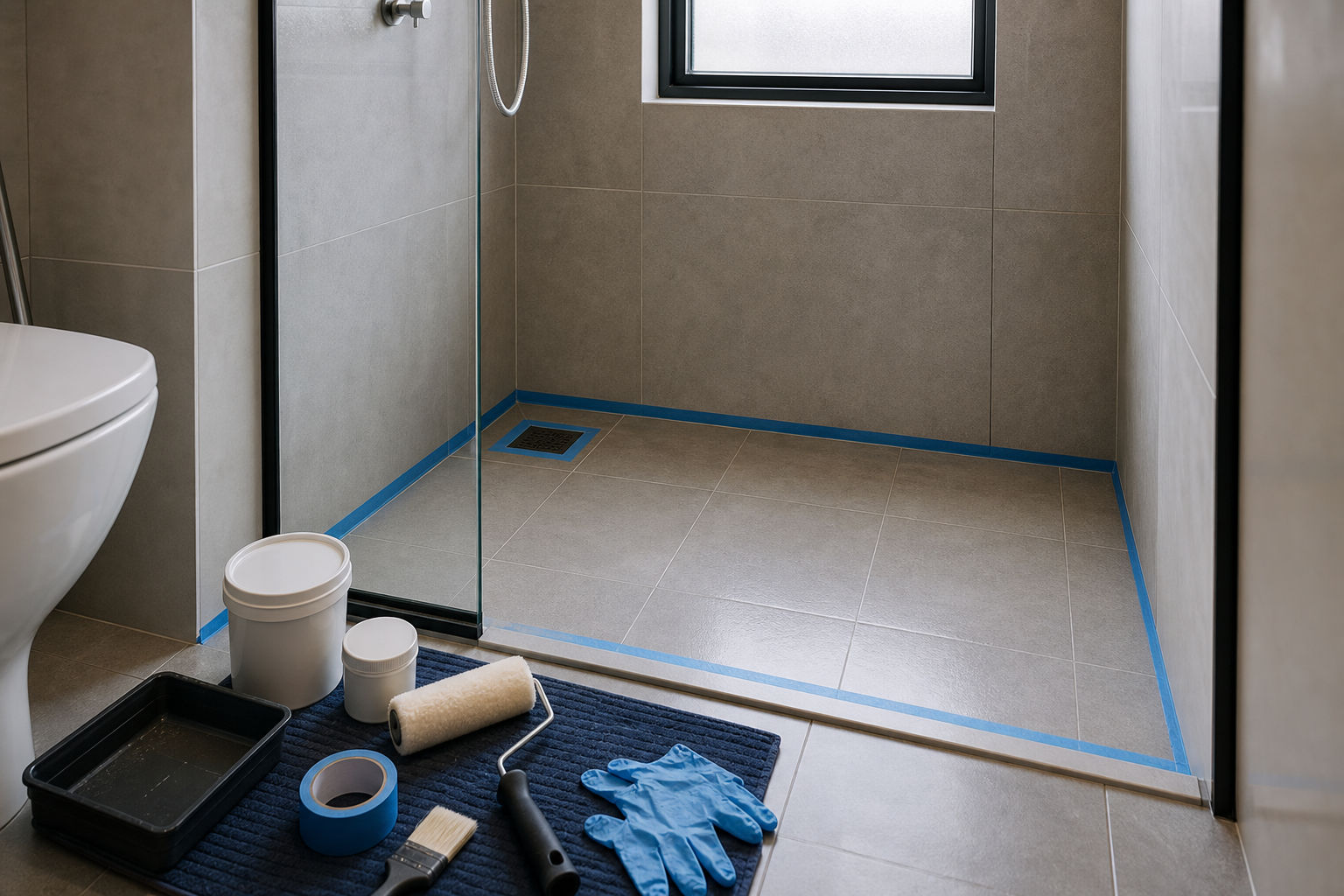 Persediaan lantai bilik air dengan masking tape dan alat waterproofing DIY