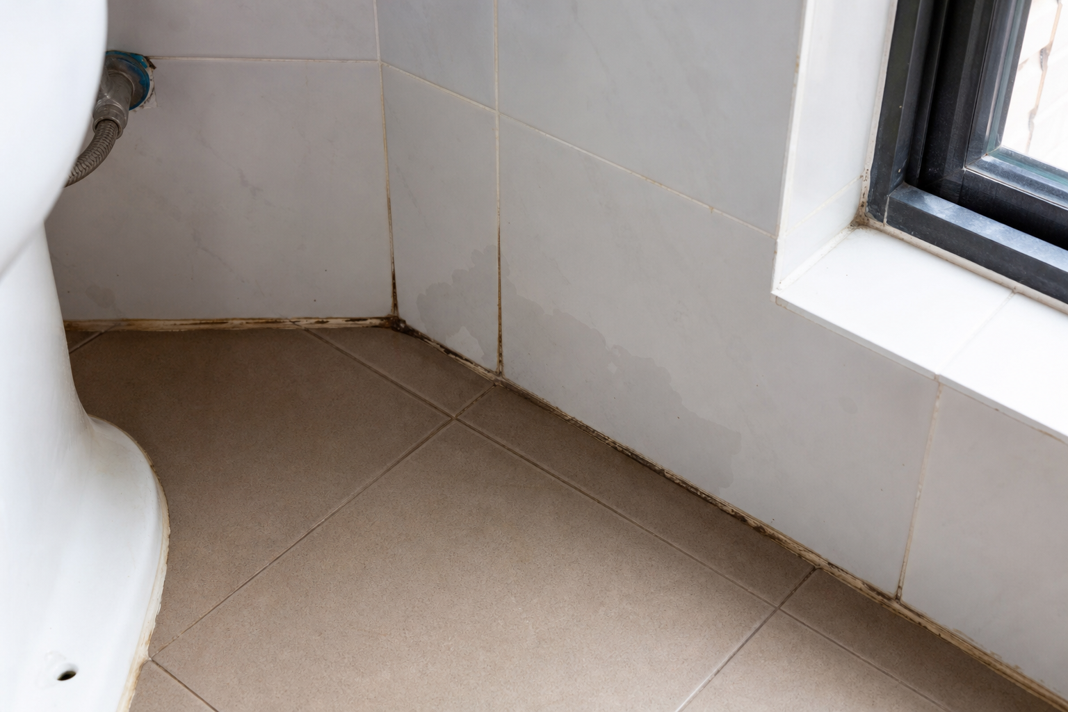 Tanda lembap pada grout dan bucu bilik air sebelum waterproofing DIY