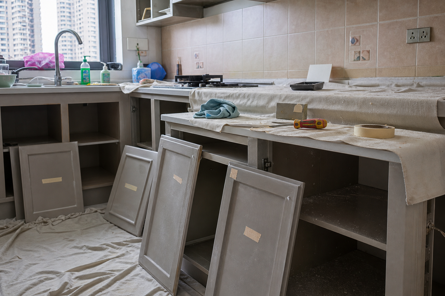 Persediaan pintu kabinet dapur sebelum proses mengecat sendiri