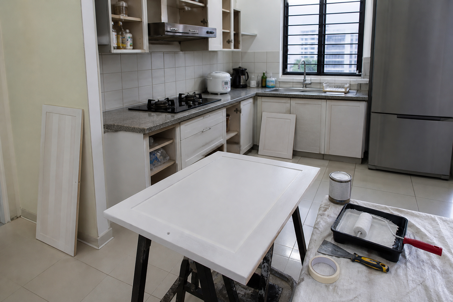 Lapisan primer pada pintu kabinet dapur sebelum cat warna