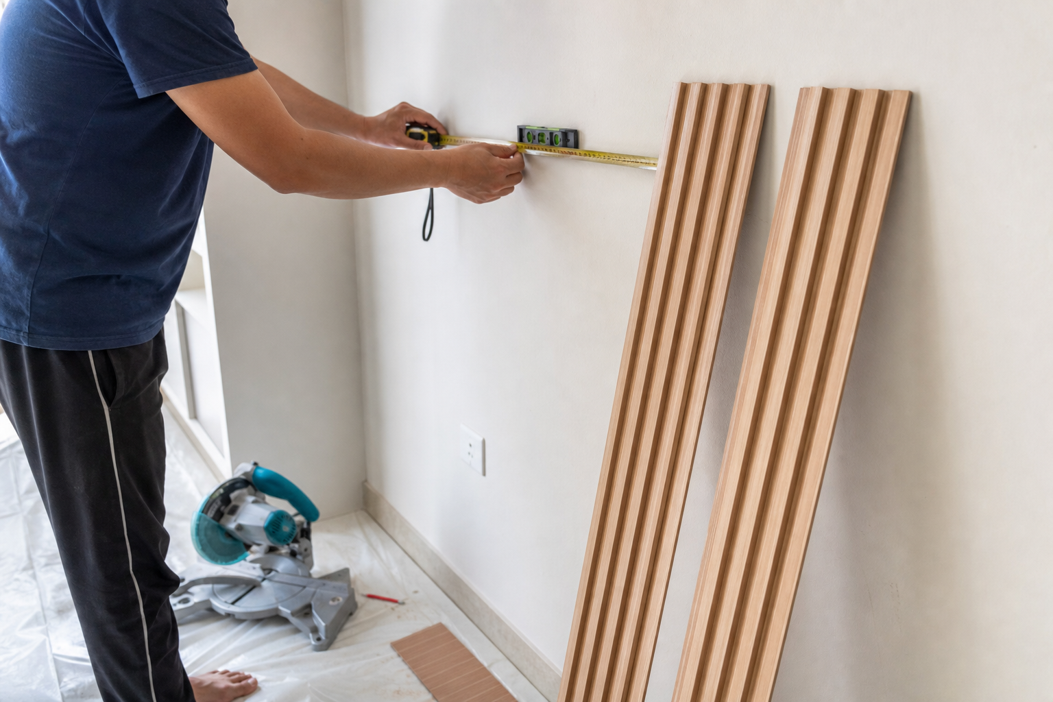 Mengukur dinding sebelum memasang panel dinding PVC