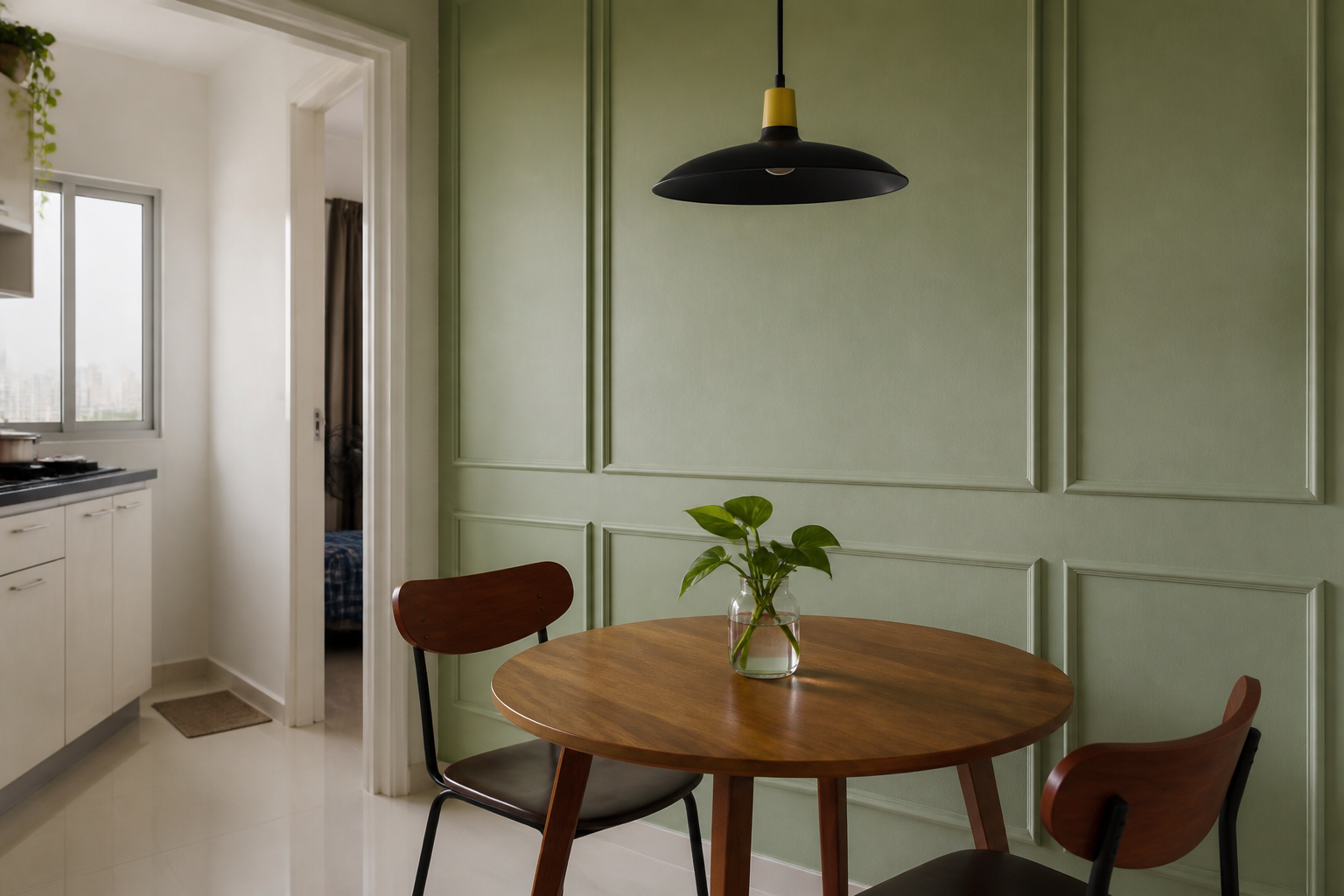 Wainscoting hijau sage di ruang makan kecil Malaysia