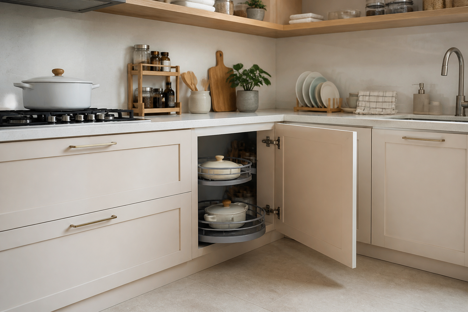 Storage penjuru praktikal untuk kabinet dapur bentuk L