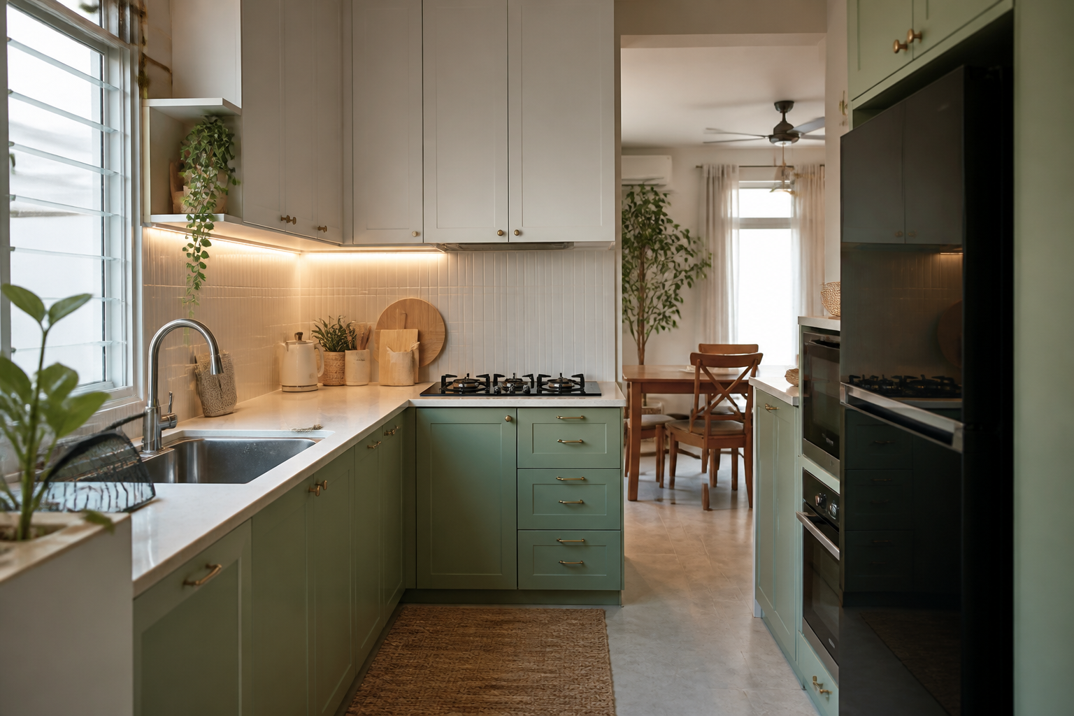 Dapur bentuk L warna sage dengan pencahayaan berlapis