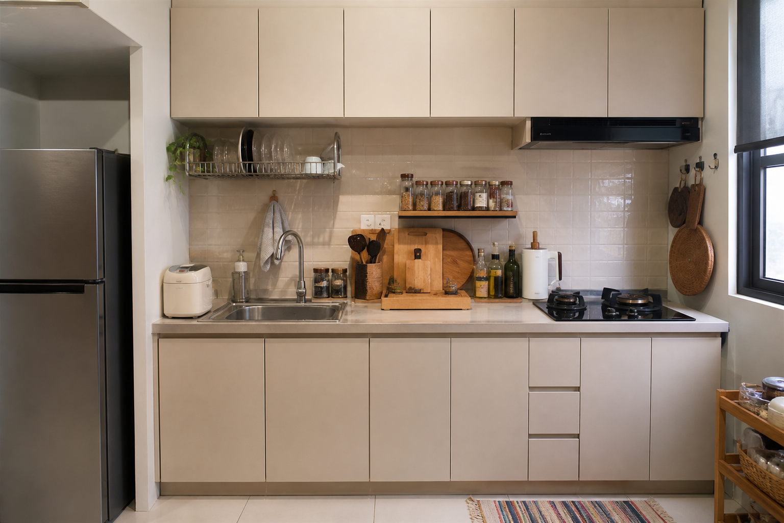 Zon kerja dapur satu dinding dari peti sejuk ke sinki dan hob