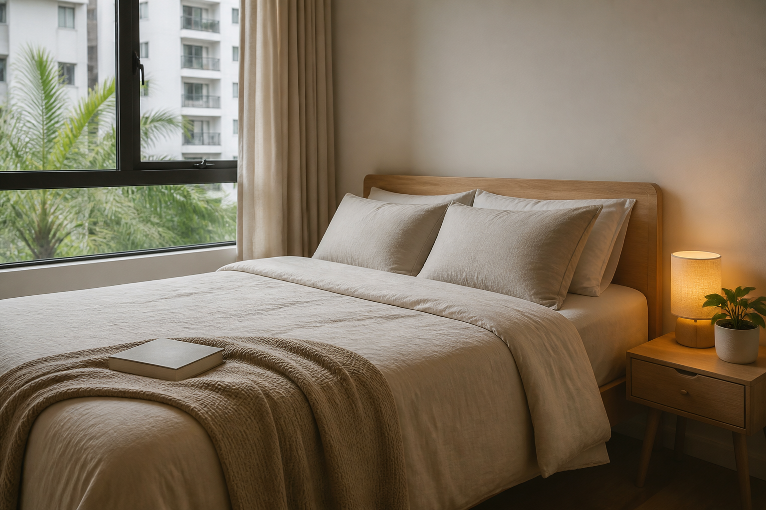 Deko bilik tidur simple dengan tekstur linen dan tona oatmeal