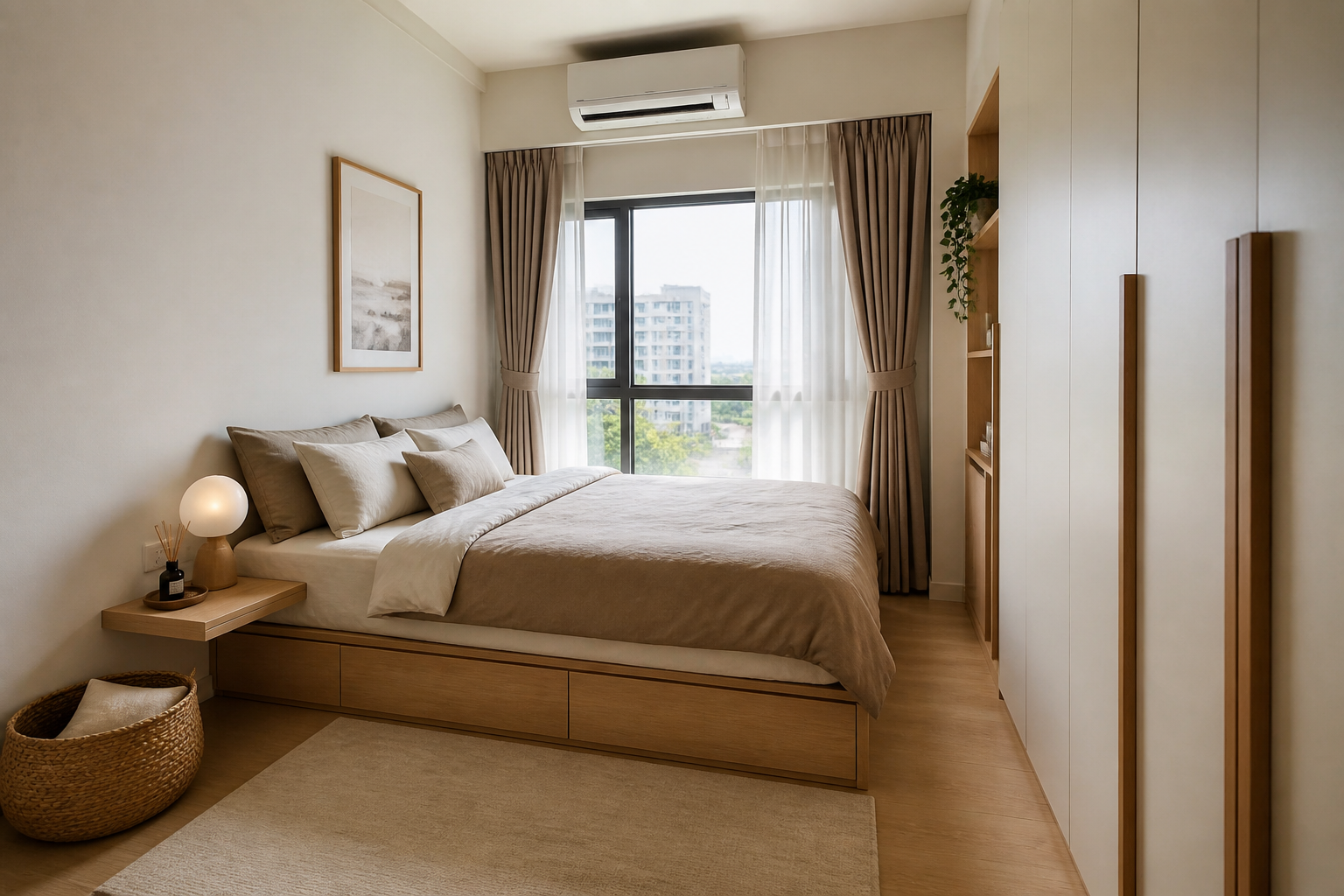 Deko bilik tidur simple dengan storage bawah katil dan almari penuh