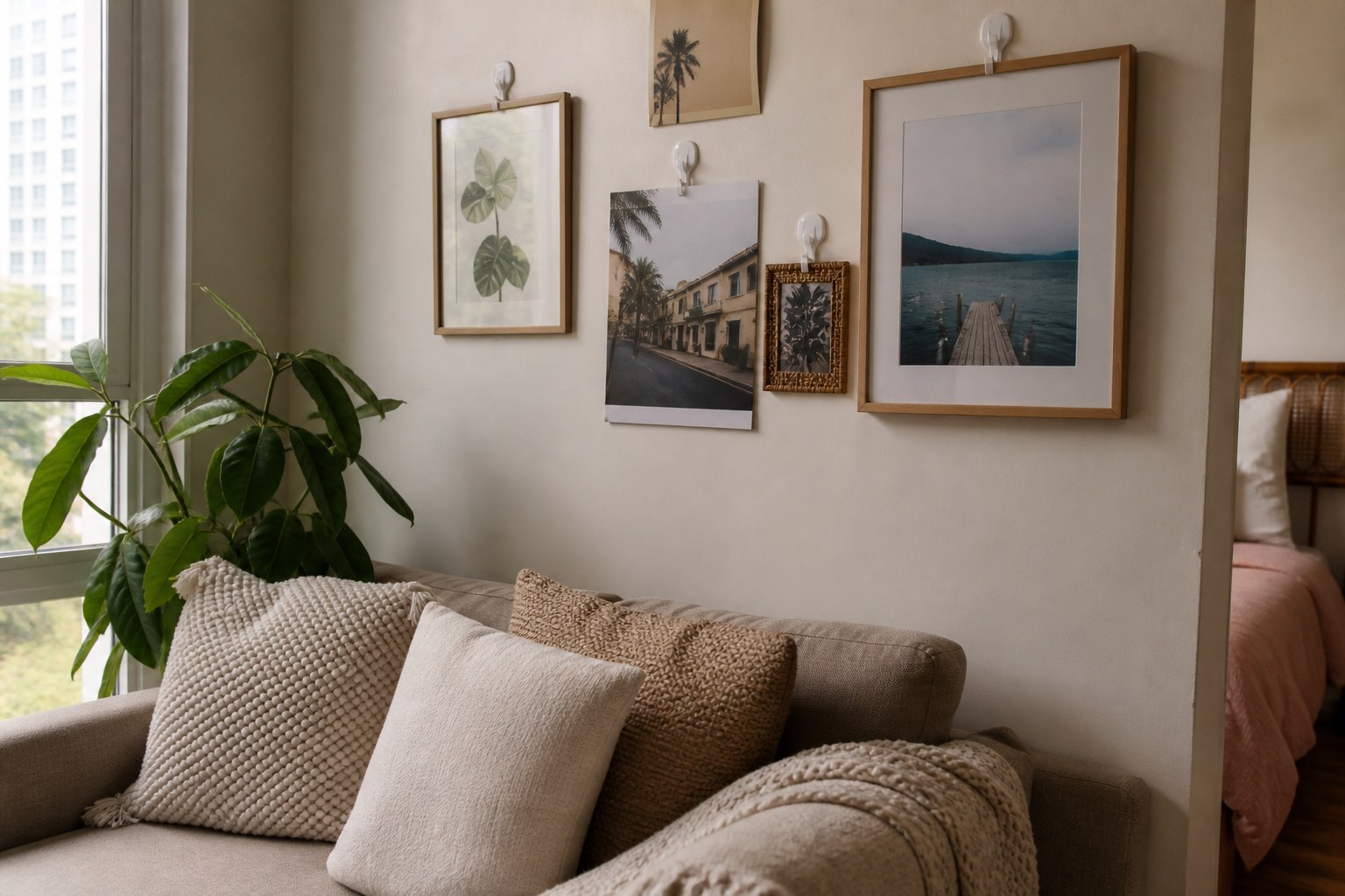 Gallery wall DIY tanpa tebuk di ruang tamu kecil
