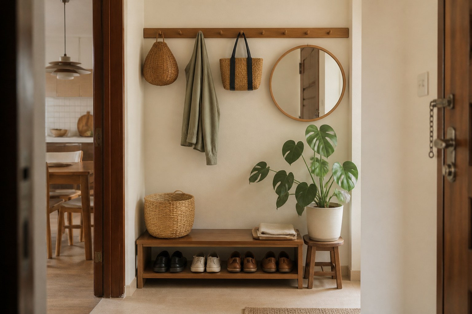 Peg rail DIY dan bangku kasut di pintu masuk rumah kecil