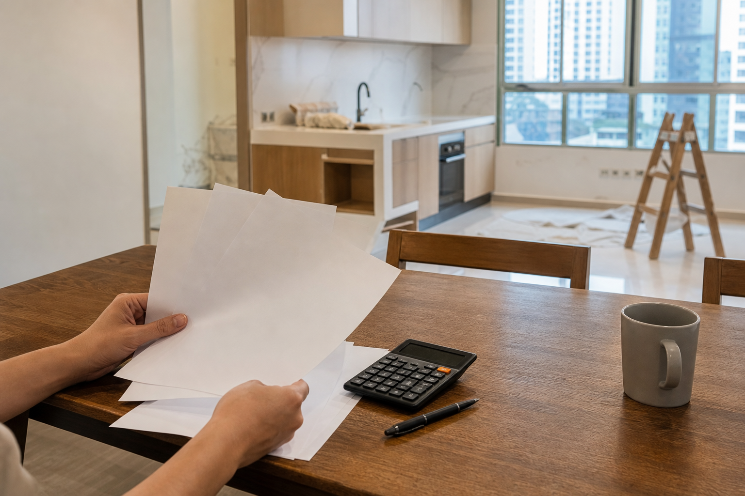 Pemilik rumah menyemak dokumen dan deposit renovation di meja makan