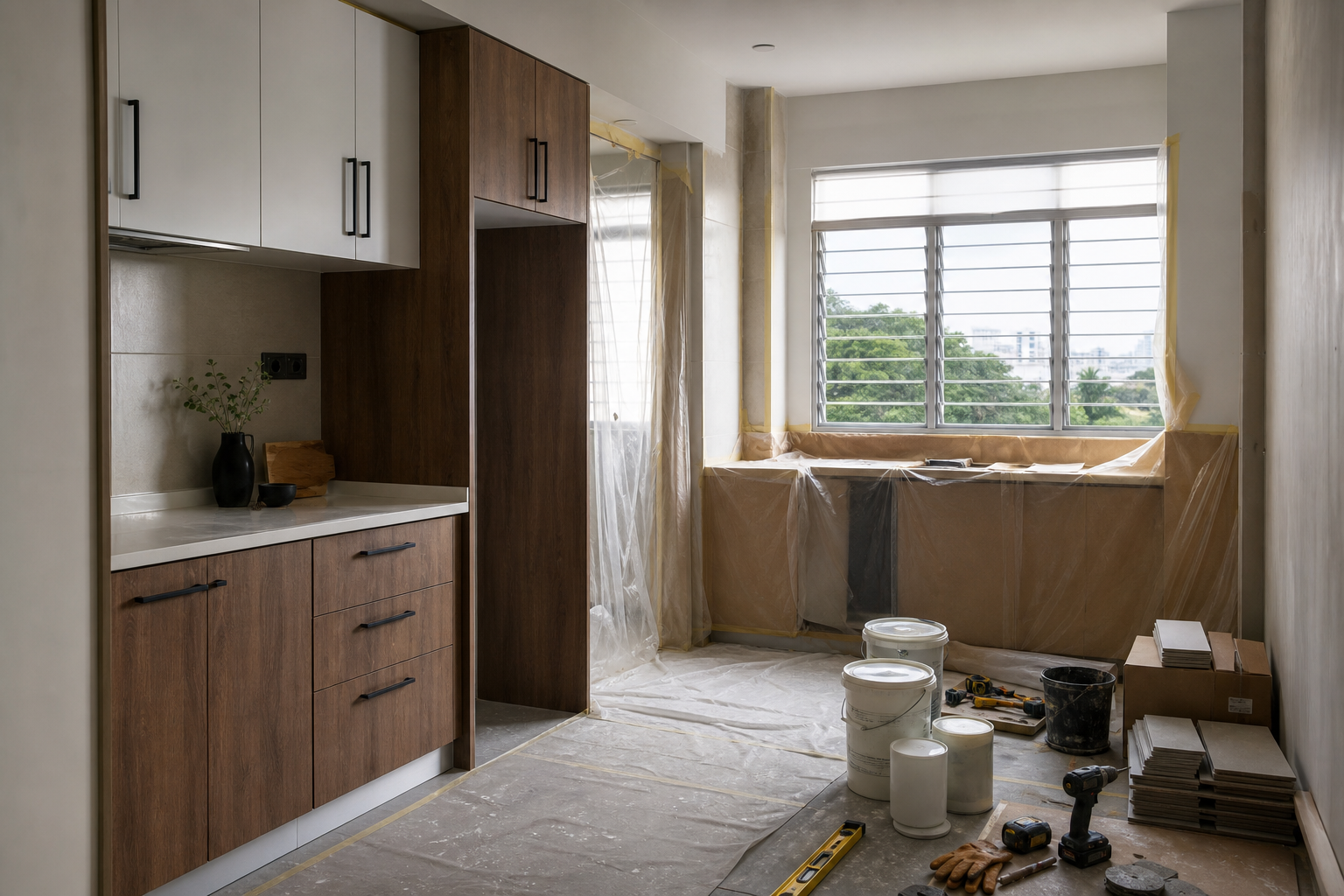 Dapur apartment Malaysia direnovasi mengikut fasa kerja