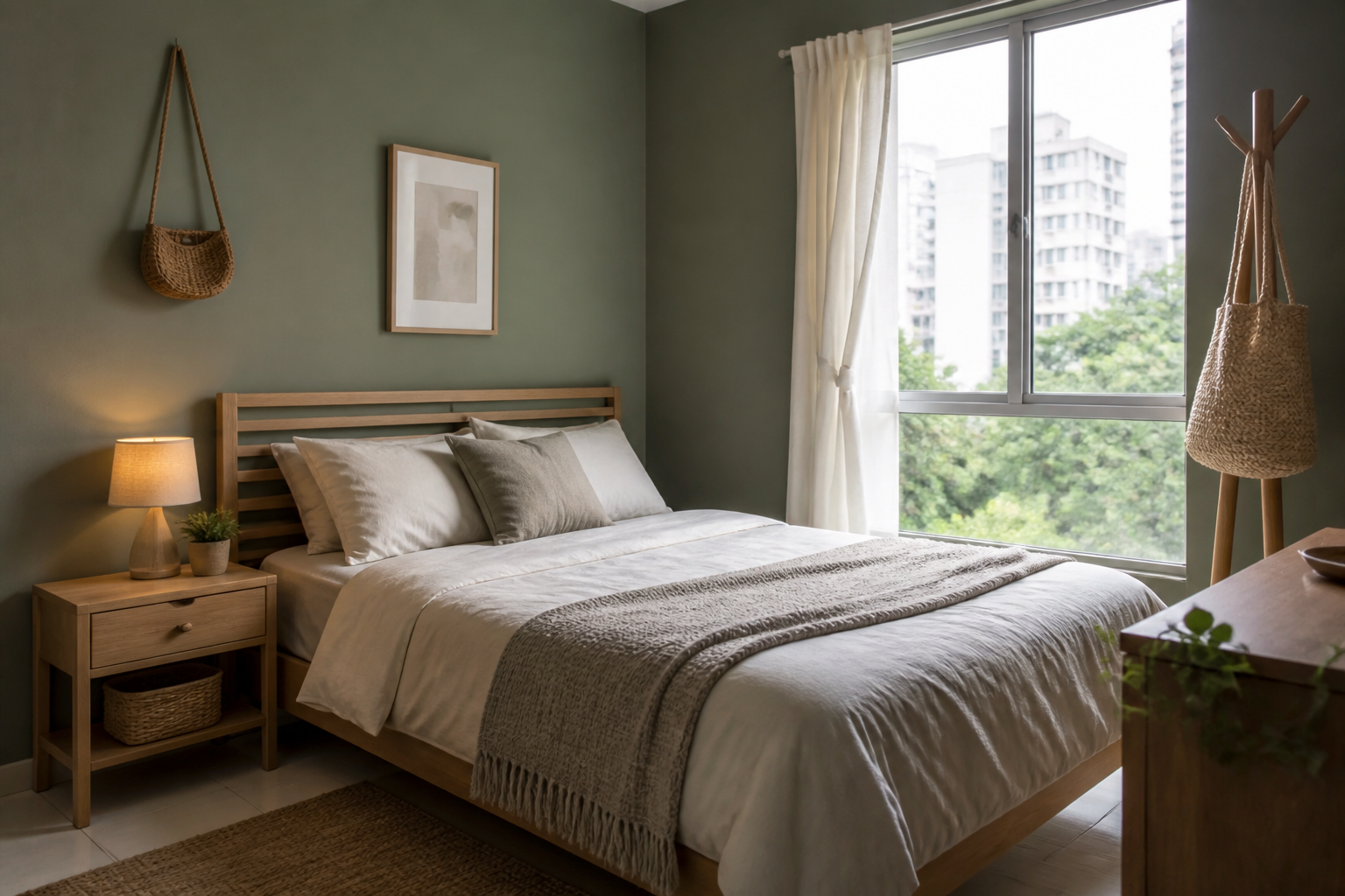 Dinding matte hijau sage di bilik tidur apartment Malaysia