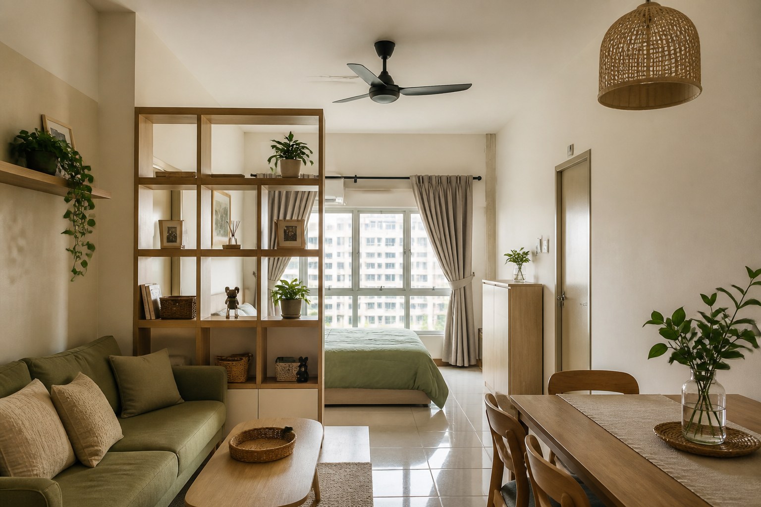Idea apartment studio kecil dengan zon tidur, ruang tamu dan makan yang tersusun