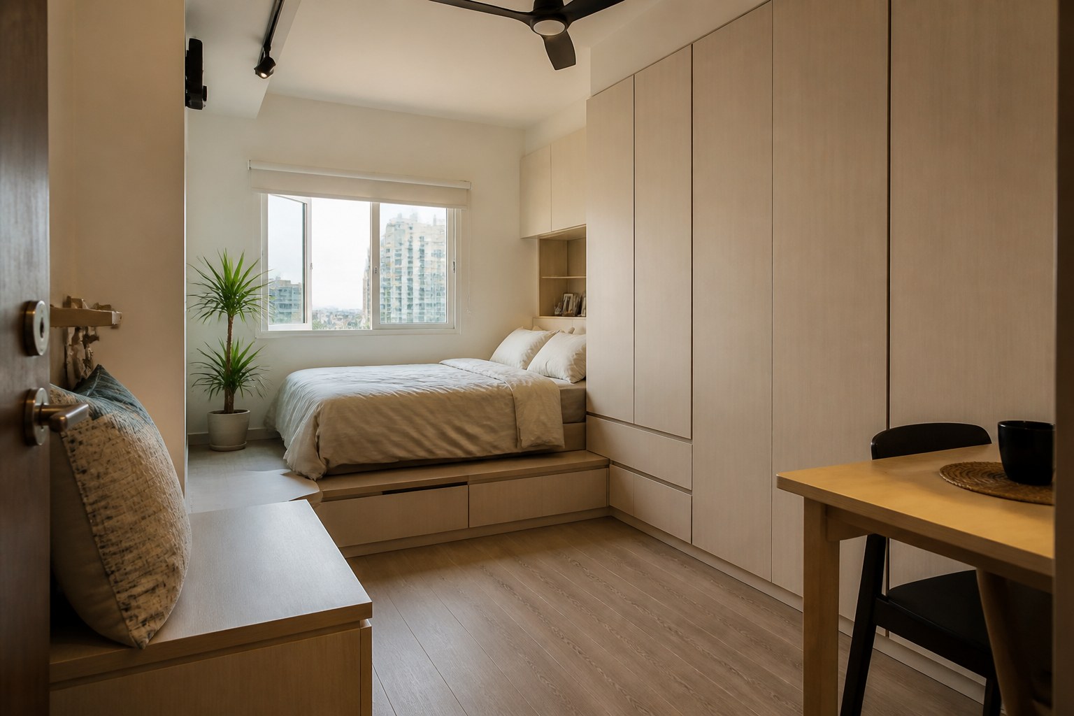 Storage menegak dan katil berlaci untuk apartment studio kecil