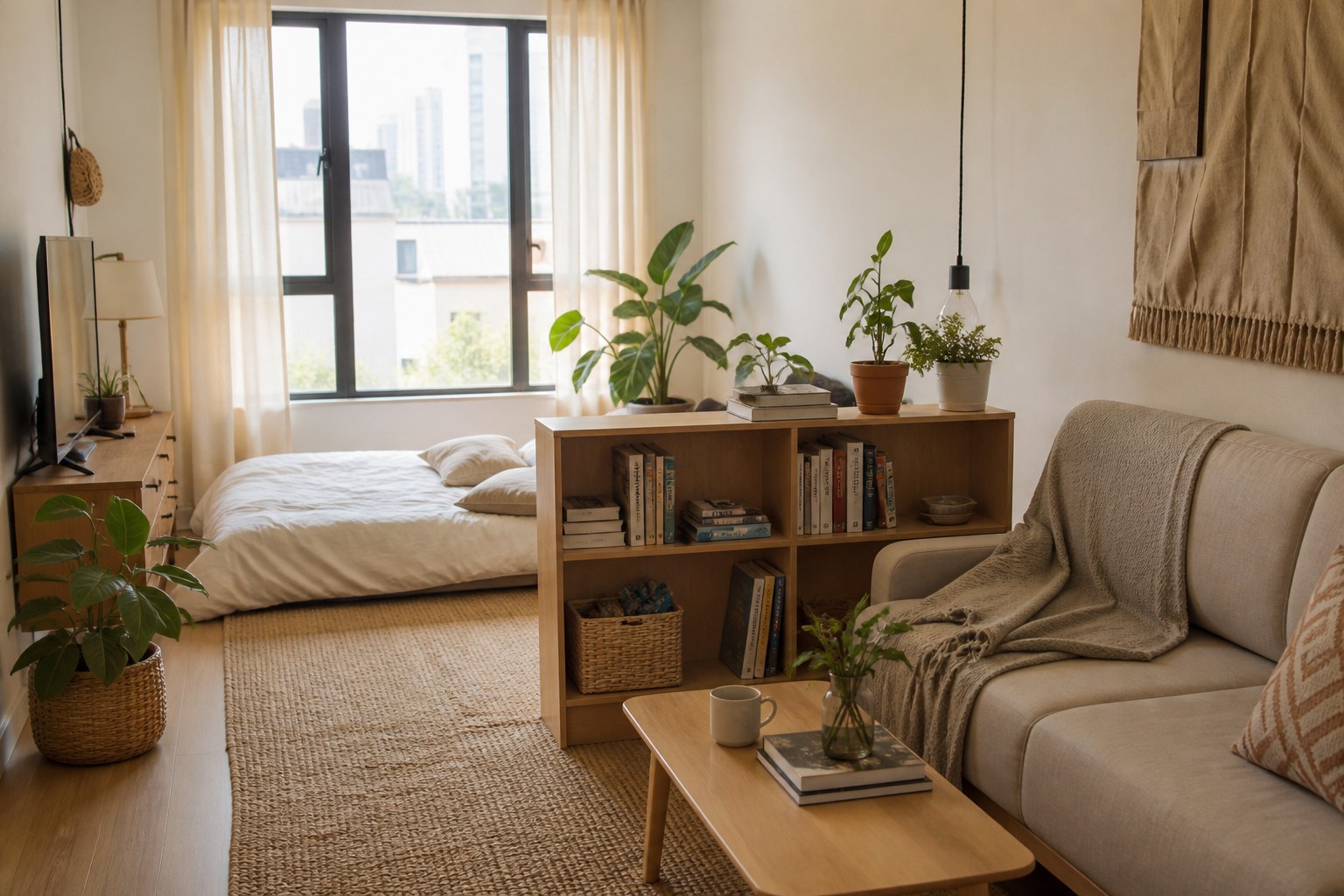 Idea apartment studio dengan rak terbuka memisahkan ruang tidur dan ruang tamu